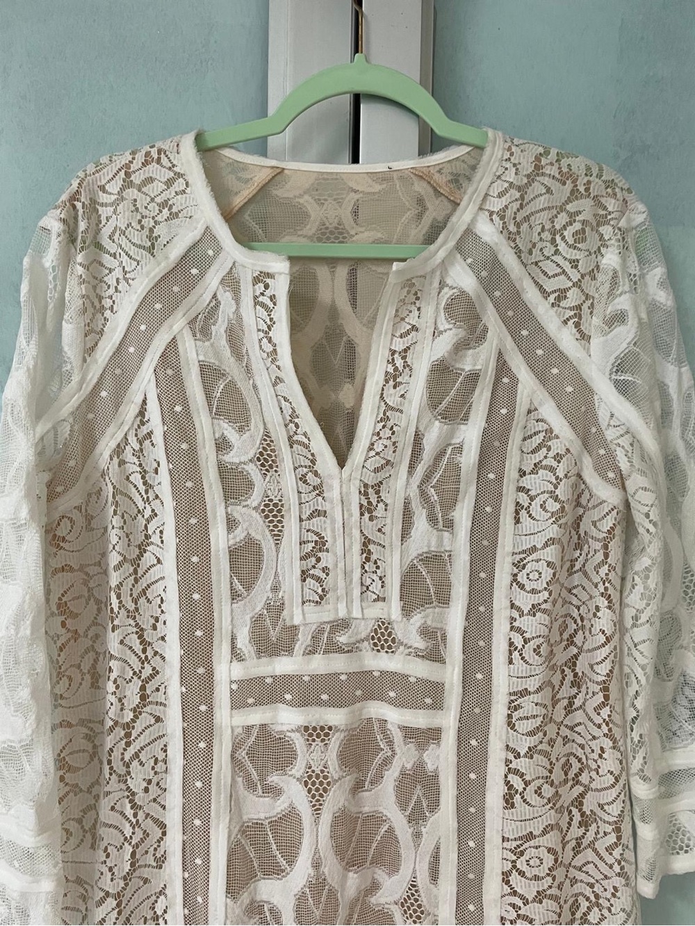 BCBGMaxAzria White Lace V-Neck Sheer Cover-Up Dress - Picture 3 of 8